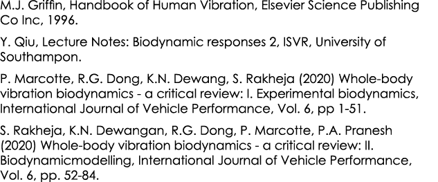 M.J. Griffin, Handbook of Human Vibration, Elsevier Science Publishing Co Inc, 1996. Y. Qiu, Lecture Notes: Biodynami...