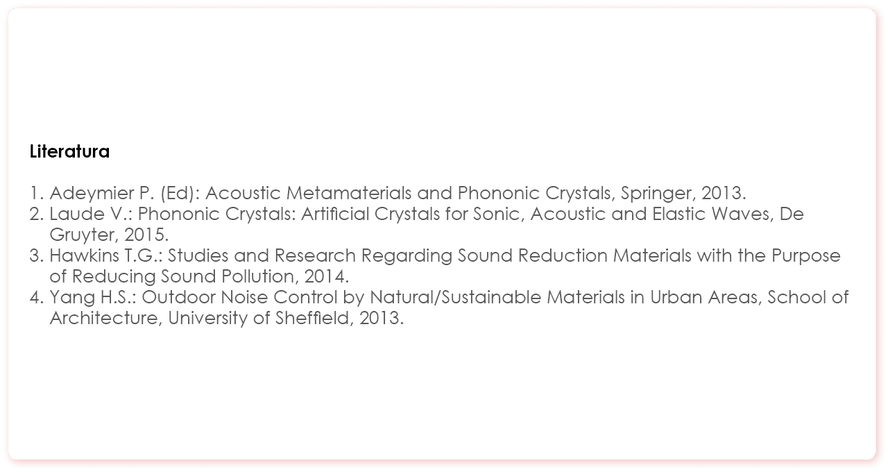 Literatura 1  Adeymier P  (Ed): Acoustic Metamaterials and Phononic Crystals, Springer, 2013  2   Laude V : Phononic    